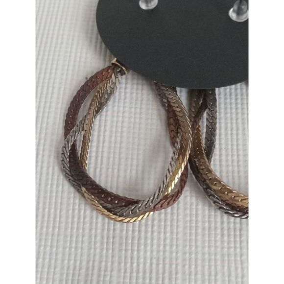 Gold Silver and Bronze Toned Interlocked Metal Herringbone Chain Drop Earrings - Picture 6 of 9